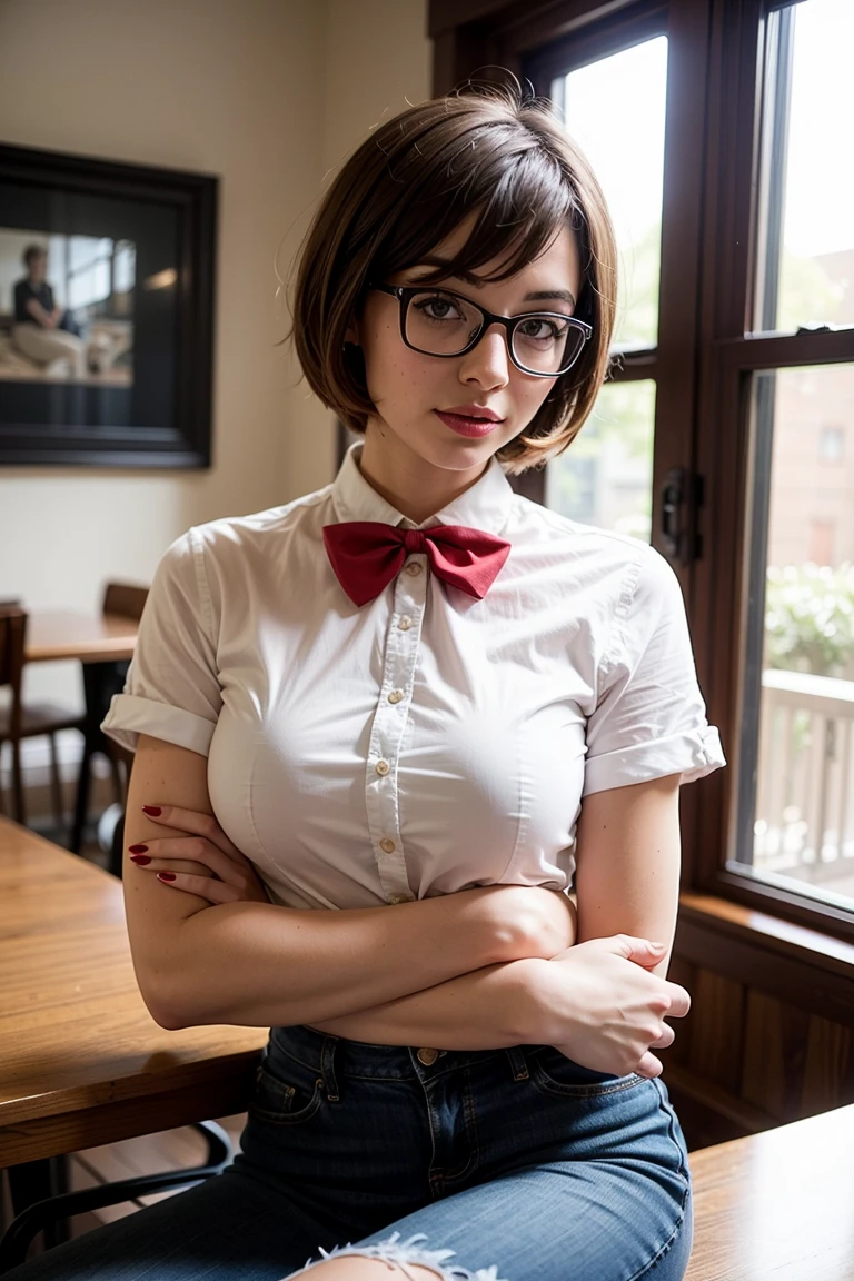 A photo of a young, nerdy woman sitting in a caf, wearing a white shirt and a bow, surrounded by a cozy atmosphere, looking at the viewer.
short hair, slender, red lips, transparent fabric, flirting with the camera