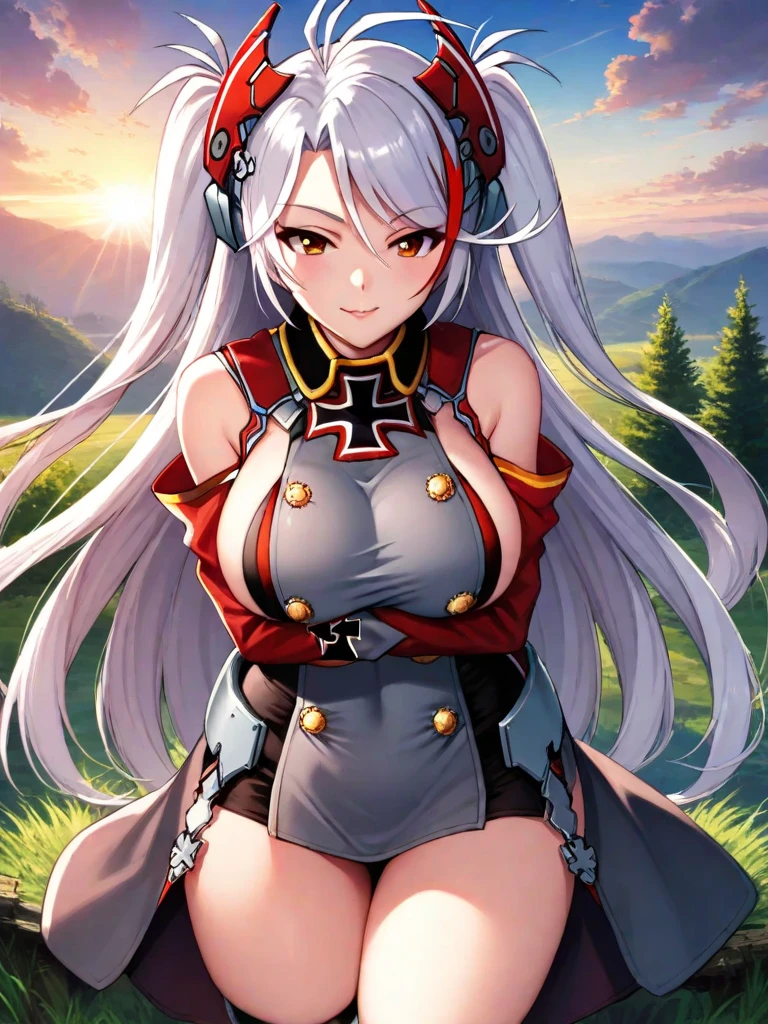 (masterpiece, Highest quality:1.2), alone, One girl, umpd gold ship, pillbox hat,Red dress,No sleeve, White Pantyhose, White gloves、boots, Horse tail,、grassland、Nature、blush、LOL、Wow smile、summer、Sunset、(Huge breasts:1.2)、Nipples are visible、Clothes are see-through、Naughty pose、Sit with your legs apart、Leg spread、Pantyhose bite、See-through pussy、、Kindergarteners、、6 years old、、の小さな体、From the side