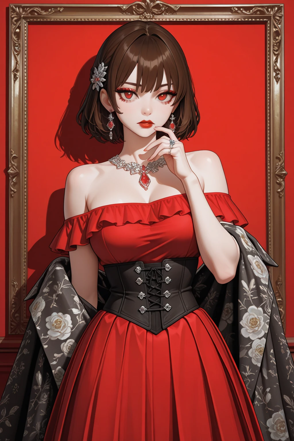 (8K HDR photorealistic pic), Betty Boop, short, althetic, curvy lady, ((tight little red dress)), dark eyebrows, black lipstick, (hoop earrings), dark eyeshadow, black lipstick, curvy, busty, (curly short black hair), shortstack, (retroussé breasts), darling figure, (supple pouting breasts), firm thighs, hourglass figure, kerchief, big brown eyes, dancing seductively