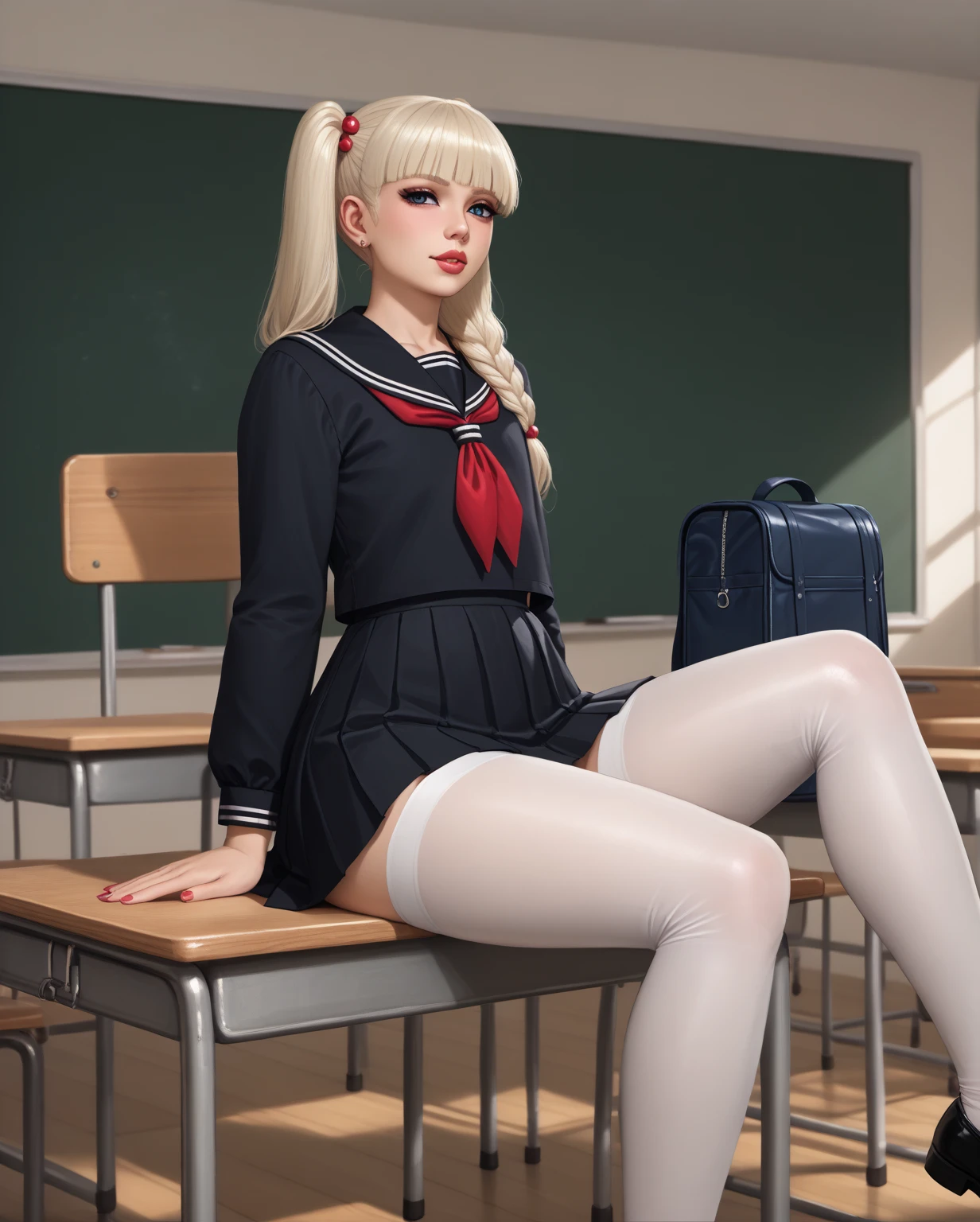 1 girl, hyperrealistic, school girl, uniform, 20 years old, very beatifull,School uniform blue eyes, blonde hair, 8k, teen, white stocking, girl's room