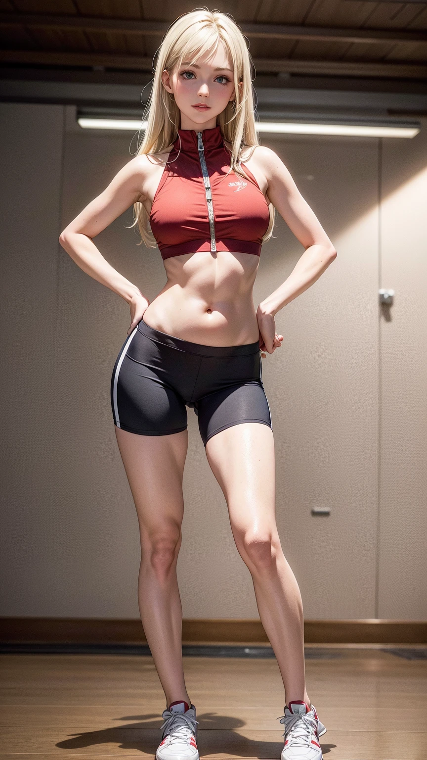 1girl, tall, (abs: 0.2), pretty, masterpiece, highres, (long legs, uniform legs, skinny legs, skinny waist: 1.5), pale skin, sports bra, miniskirt, standing, blonde hair, looking at viewer, spectacles