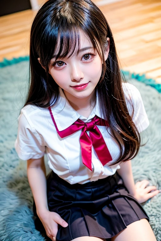 (Highest quality,masterpiece:1.3,Ultra-high resolution),(Very detailed、Caustics) (Realistic:1.4, RAW shooting、)Ultra-Realistic Capture、Very detailed、Natural skin texture、masterpiece、(A Japanese elementary school girl wearing a white shirt with a navy ribbon and a navy pleated skirt:1.3), Adorable expression、Expressions of happiness、10 years old、height: 145cm、Baby Face、Amazingly cute、Twin tails、Curly Hair、Scrunchie、Black Hair、light makeup、H-cup busty、Shining thighs、Bare arms、Background details、smile、An inviting gaze、Anatomically correct、Cowboy Shot、Attention to detail、Straddling the sheets in a private room at a sex shop、Open your legs wide from side to side、White panties are visible