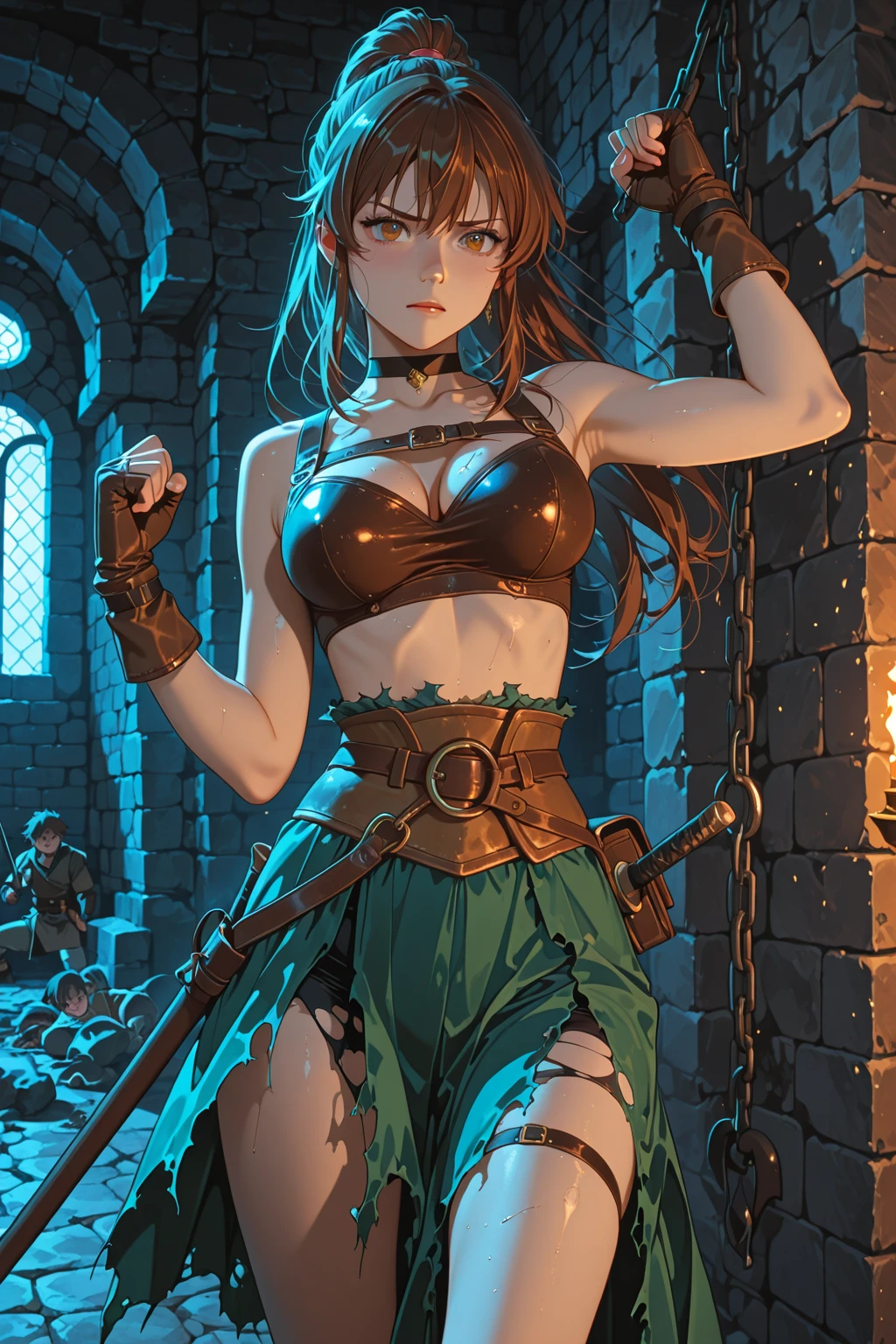 (((top-quality, masterpiece))), (best quality), (detailed), (((one young girl))), (solo girl), (wooden elfe girl), happy, charming, smiling, ((highly detailed beautiful face)), delicate girl, delicate face, ((red hair)), long hair, braids, bleu eyes, dark look, focused, ((small breasts)), nice hips, flat belly, slim waist, define collarbone, (((sofisticated and detailed brown leather clothes))), ((sexy laces top)), large cleavage, (((long brown leather boots))), ((chocker)), ((warrior, standing, protecting, bow, sword, guardian)), sexy pose, cinematic shadow, sweet forest atmoshpere,