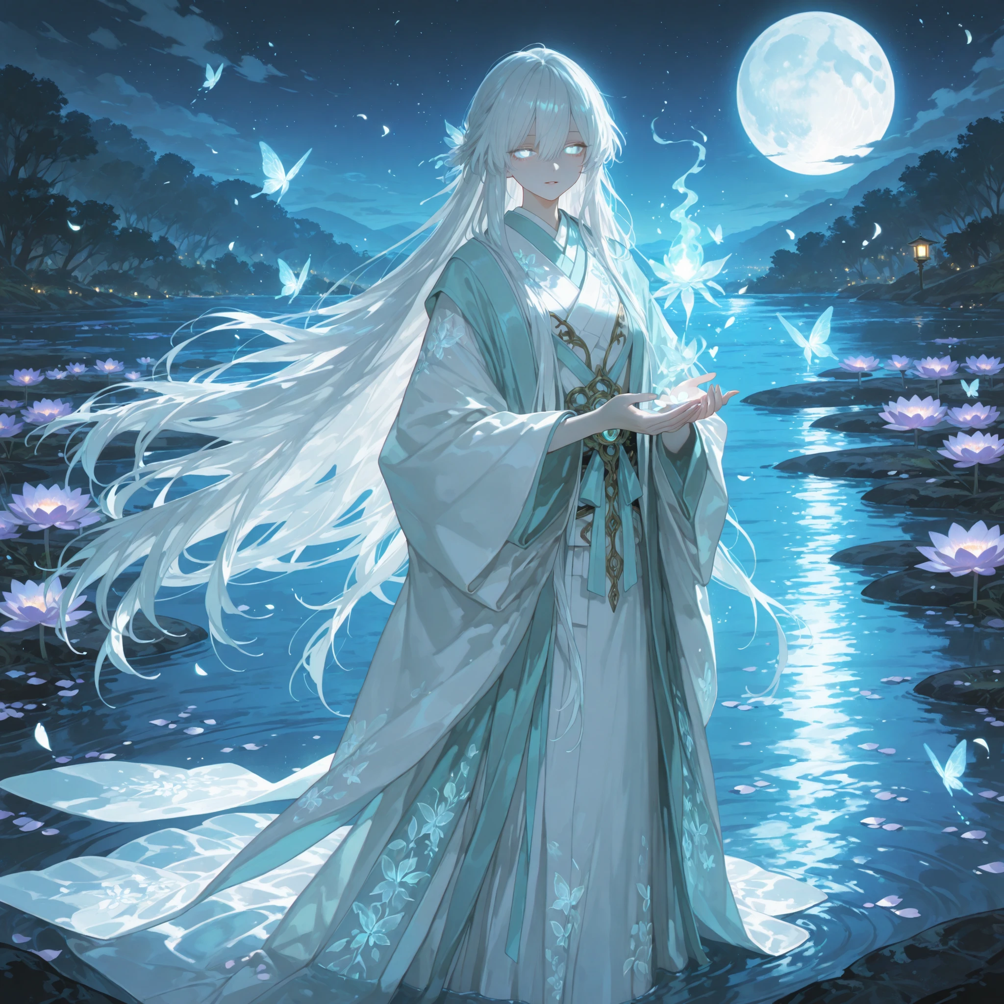 748cmstyle,1woman, Spirit guide of the moon, Flowing white hair with soft lavender tint, Pale blue glowing eyes, Wearing soft layered kimono with moon and lotus motifs, Holding a floating lantern with glowing butterflies, Surrounded by drifting sakura petals and spiritual mist, Standing beside a tranquil lake under a full moon, Calm, melancholic aura, Japanese dreamlike ghost fantasy style