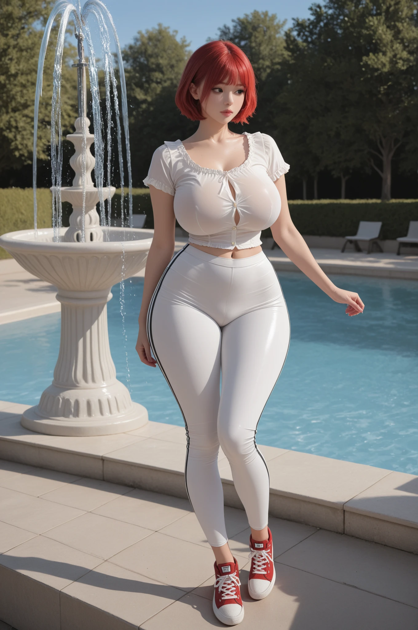 8k wallpaper, masterpiece, top-quality, ultra-detailliert, 50 years old, A MILF, beautiful mature lady, Leotard(ratex), Highly exposed, Sunny pool, Skindentation, seducting smile, Thick lip, chubby lips, red blush, looking at the viewers, (Breast size:1.8), each with a different hairstyle, red hairs, cleavage of the breast, Plump、Curvaceous、massive hips、seductived faced、Naughty face, bbw, Big ass,