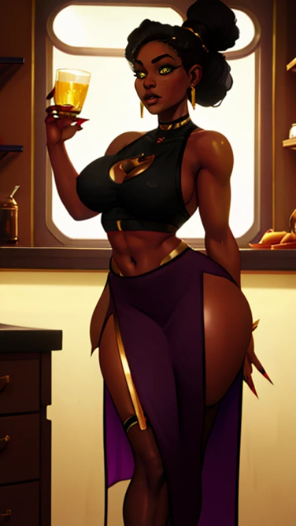 (solo:1.1),(masterpiece), (best quality:1.3), highly detailed, intricate, professional art, digital art, absurdres, confidant, emerald sustrai, futanari emerald sustrai wearing a white and green leotard cleavage cutout detached sleeves and pants confidently posing with hand on hip indoors, pants, 1girl, solo, (dark skin:1.4), green hair, bob hair, gold hoop earrings, gold jewellery, ab lines, (gold navel piercing:1.1), detailed stomach, red eye colour, dark skin, small breasts, nipple bulge, (aroused:1.2), (futanari:1.1), (wide hips:1.4), (makeup 1:1), beestung lips, (black lipstick:1.3), penis bulge, panty straps riding hips, (crotch bulge:1.4), crotch bulge, testicle bulge , furniture, side view, bubble butt, protruding butt, perky ass, large ass, gluteal crease, universal lighting
