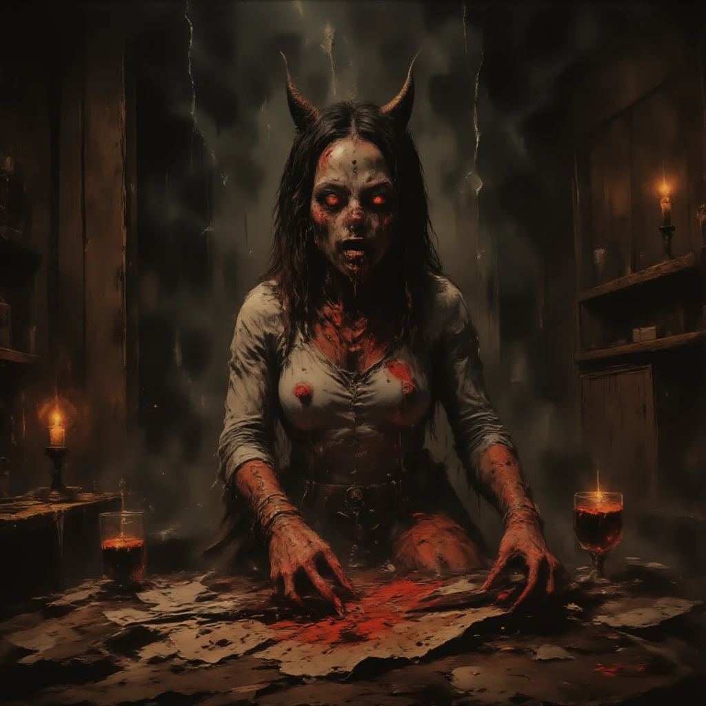 <lora:breasts-on-tray-v2:1>, square tray, amateur (black girlfriend:1.2), serving dinner, angst, confronting, (pain-stricken, isolated), in a grotesque hellscape, (flaming pits, nefarious creatures), under the glaring, hellish light, reminiscent of Kathe Kollwitz's dramatic style, unsettling quality, cameron stewart, <lora:Pregnant0.5>