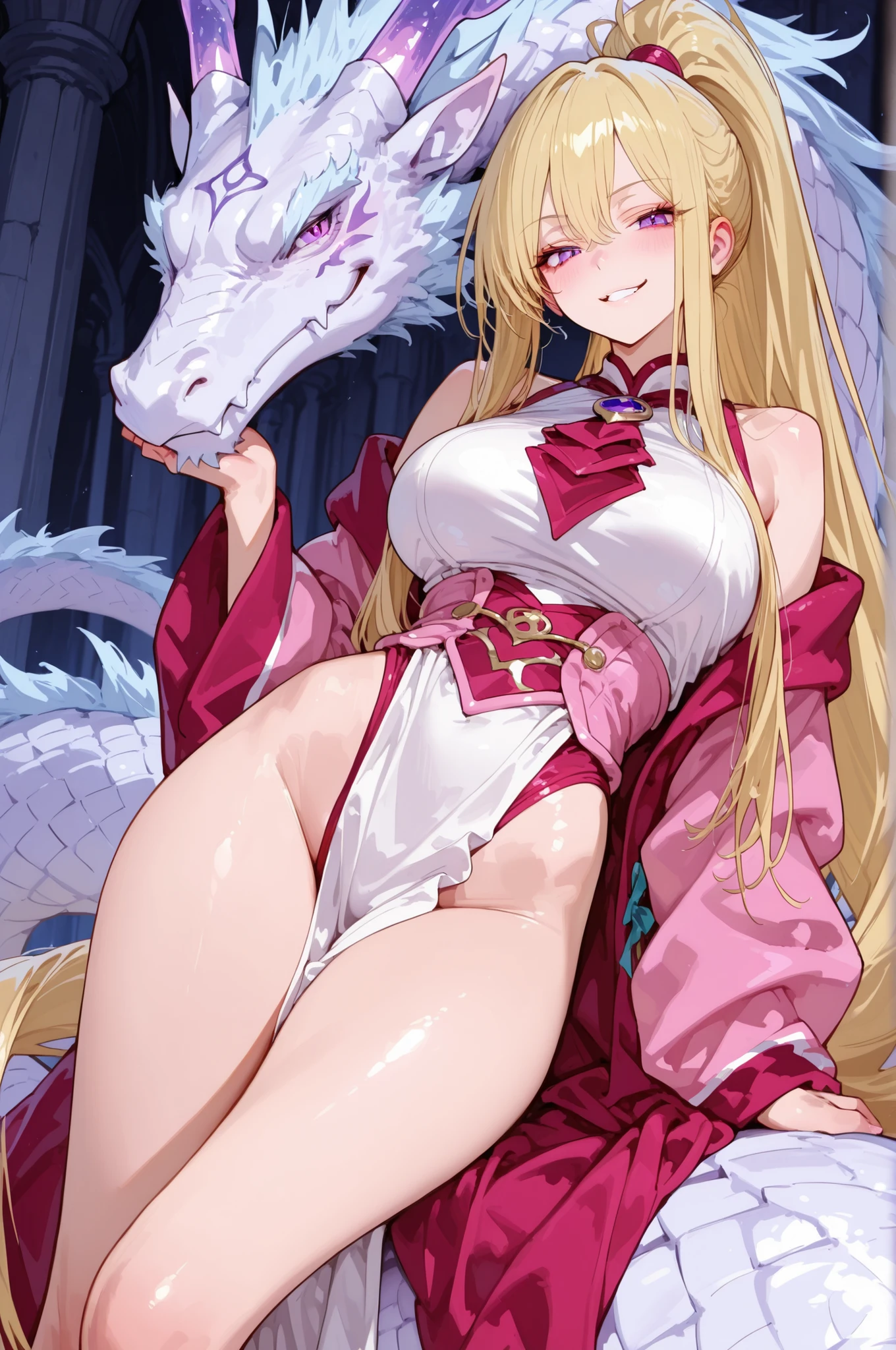 ONES,748cmstyle,anime, Nice human girl magician, intense purple eyes, very long long long ponytail blonde hair, smirk, rides a Fierce Big Pink ancient Dragon in background.