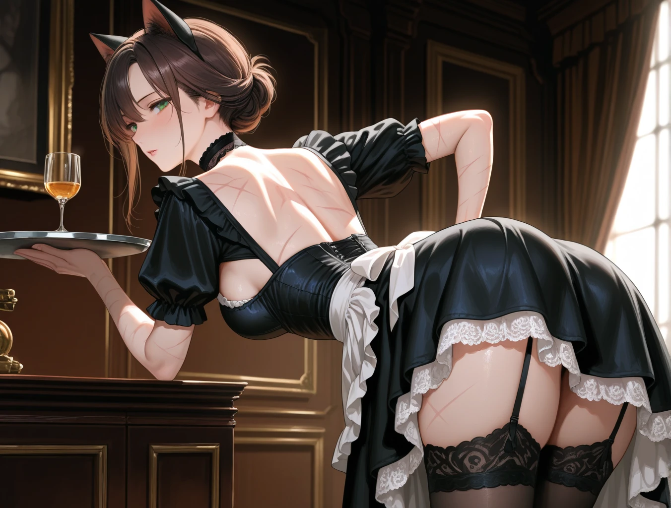score_9, score_8_up, score_7_up, source_anime, 1girl, dark brown hair, brown eyes, bobcut, cat ears, small breasts, eyeglasses, micro bikini maid, headdress, blouse, skirt, apron, areola, cool face, light smile, bent over, back, private room, mansion,