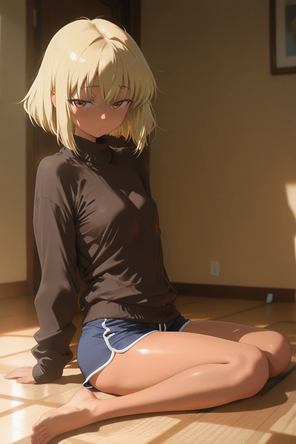 (Very detailed CG ユニティ 8k 壁紙)、(masterpiece)、(highest quality)、(Very detailed)、(Best illustrations)、(Best Shadow)、alone、One Girl、Green Eyes、Big Eyes、((sideを見せる))、((Put your hands on your knees))、((whole body))、((Yoga poses))、side、Leg spread、Sports Bra、Relaxing lighting、Bright colors、Natural light、side汗、180°Leg spread