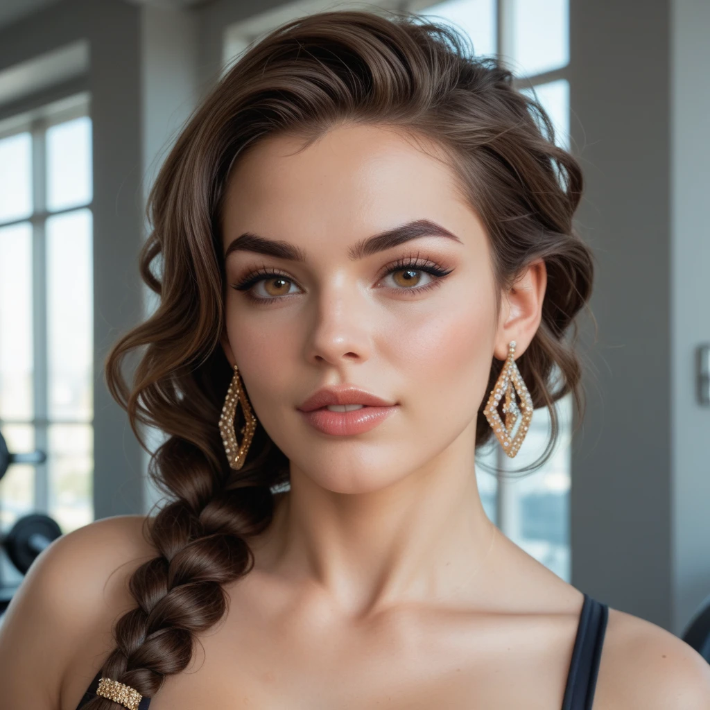 Quality (photo realistic style, UHD, 16k, Textured skin, hight resolution), Portrait of a beautiful white woman, The perfect female face, dark colored hair, Braid, wicked smile, topic