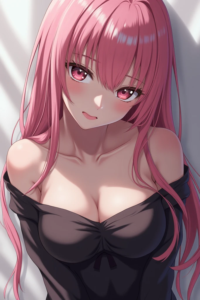 (((Browsing Caution:1.5))){{masterpiece:1.5}},{Detailed and beautiful depiction 1.5},Official Art,Beautiful adult woman 1,Megurine Luka,Pink long hair,blue eyes,Large Breasts,Facing forward,Black Bra,Black shorts,Sexy Underwear,bedroom