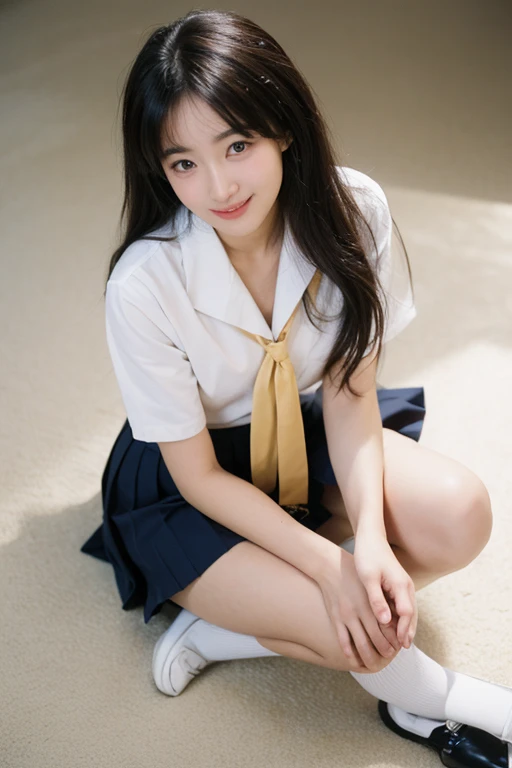 (1 girl:18-year-old), (surreal), (very detailed美しい顔), wonderful face and eyes, (highest quality:1.4), (Super detailed), (Very 8K wallpapers), very detailed, High resolution RAW color photos, professional photography, realistic portrait, (High School Uniform, pleated mini skirt:1.3), (High school uniform fully open:1.3), (small breasts:1.3), School, classroom, indoor, sitting, Chair, spread your legs wide, (No panties:1.3), Depth of written boundary, (view from below:1.1), {{smile:tear bag}},{{pussy}}