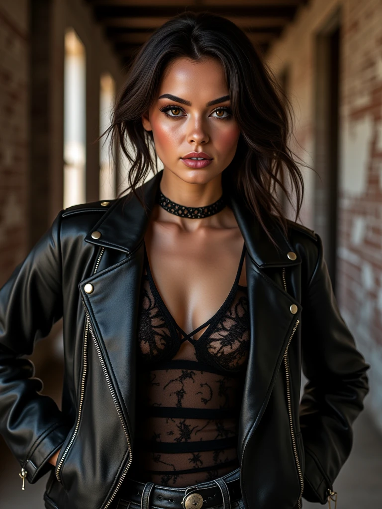 “Create an HD Ultra Realistic 8K image of Young Attractive Asian Woman Sophie Tan as a fashion lingerie model posing in an edgy urban setting. She is wearing a provocative black leather and lace lingerie set, standing confidently in a graffiti-covered alley. The scene is lit with harsh, dramatic lighting, casting sharp shadows and highlights. Use a cinematic camera with a 35mm lens to capture the gritty textures of the alley and the striking contrast of her outfit (1.3). The urban background with vibrant graffiti should be softly blurred, emphasizing Sophie’s bold and daring pose (1.2). Post-production should enhance the colors and contrasts, adding a touch of urban grunge to the high-fashion image (1.4).”