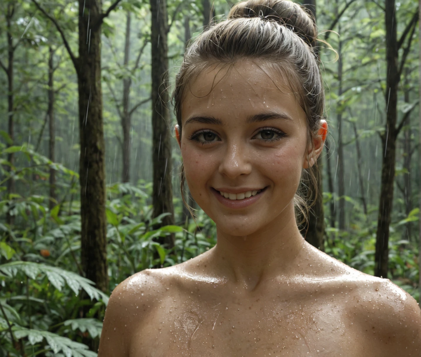 (Breathtaking cinematic photo: 1.2) of a young woman, approximately 25 years old, joyfully splashing water at a majestic waterfall. Her whole body is drenched, glistening in the sunlight. The image captures her euphoric expression, radiating pure happiness and . Her brown hair, (blush: 0.5) with water droplets, cascades down her back in wild, untamed waves, framing her face in a captivating manner. Her eyes, (goosebumps: 0.5) with excitement, sparkle with a youthful energy. The intricate details of her wet skin texture, enhanced by the shallow depth of field, create a mesmerizing visual experience. This highly detailed and