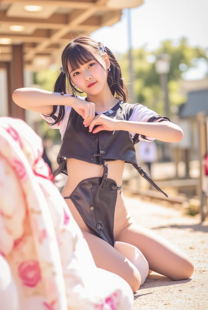 outside，真From belowのアングル，Chubby body type，Short Hair，Twin tails，Off the shoulder，tube top sweater，Look away，正面ややFrom below見上げるカメラアングル、Black Stockingsを履く，Crouching，Spread your legs，The underboob is visible，Exposing the skin of the underboob，Black Stockings，tube top sweater，(Skirt Lift)、(Grab the skirt、Accurate hands、Five fingers)、((The wind flipped my skirt up))、((Skirt Lift))、From below、((from the front))、Angle from the feet、Angle From below、((Angle looking up ，Showing off your crotch))、Off the shoulder，tube top sweater，Twin tails，Small pink panties，Chubby body type，Crouching，Spread your legs、Black Stockingsを履く、Plump thighs
，Not for adults