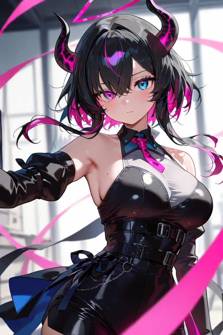 A female magician in a black and white dress, Flying ribbon fragments, multicolored hair, twintails, blunt bangs, mini top hat, mole under eye, crazy eyes, crystal earrings, social media composition, tachi-e, UHD, anatomically correct, textured skin, masterpiece, highres, 1080P, 16k