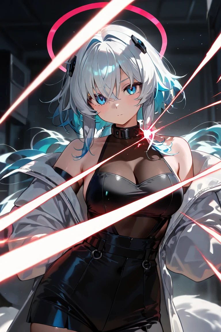 最high quality、Best image quality、masterpiece、girl((18-year-old、 By becoming、Best Bust、Medium Bust,Wide open breast tea、Red glowing eyes,Silver Hair、Disheveled Hair、Long Hair、thin,The highest valley、Open chest、White wristband、smile、hair ornamentany accessories、Black space suit、red body line、Angle from directly above、Raise your right arm、Show the whole body,)),high quality、Beautiful art、background((Institute for Space Research))、Flight、Flying debris、Written boundary depth、movie、Visual Arts、Perfect art、8K,Genuine、
