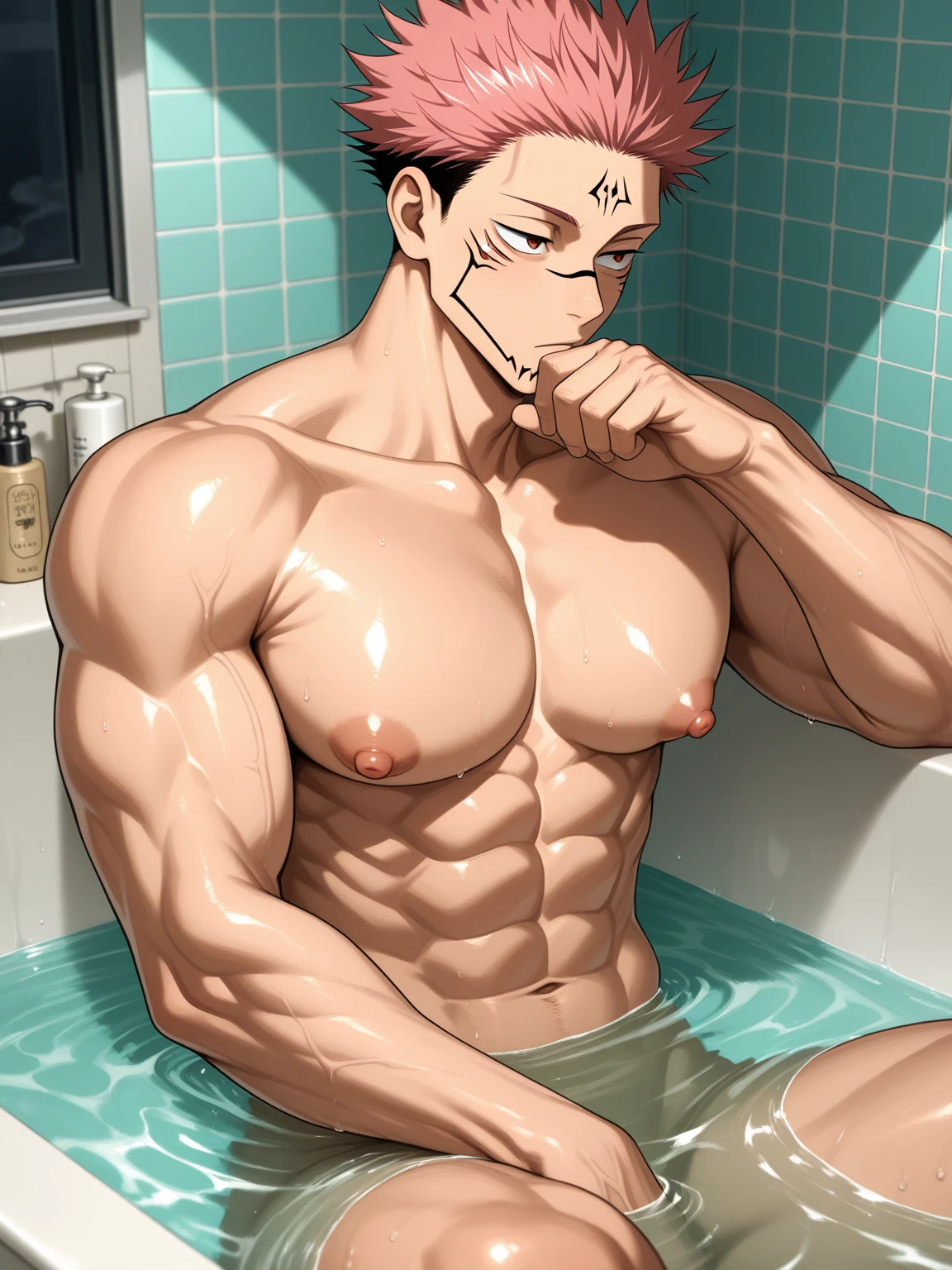 absurdres, highres, ultra detailed, HDR, master piece, best quality, extremely detailed, Ryoumen Sukuna, pink hair, expressive red eyes, Jujutsu Kaisen, solo, sexy man, handsome, horny, sensual, without clothes, naked, taking a shower, bathroom, water, bathtub, sitting, Nu Carnival