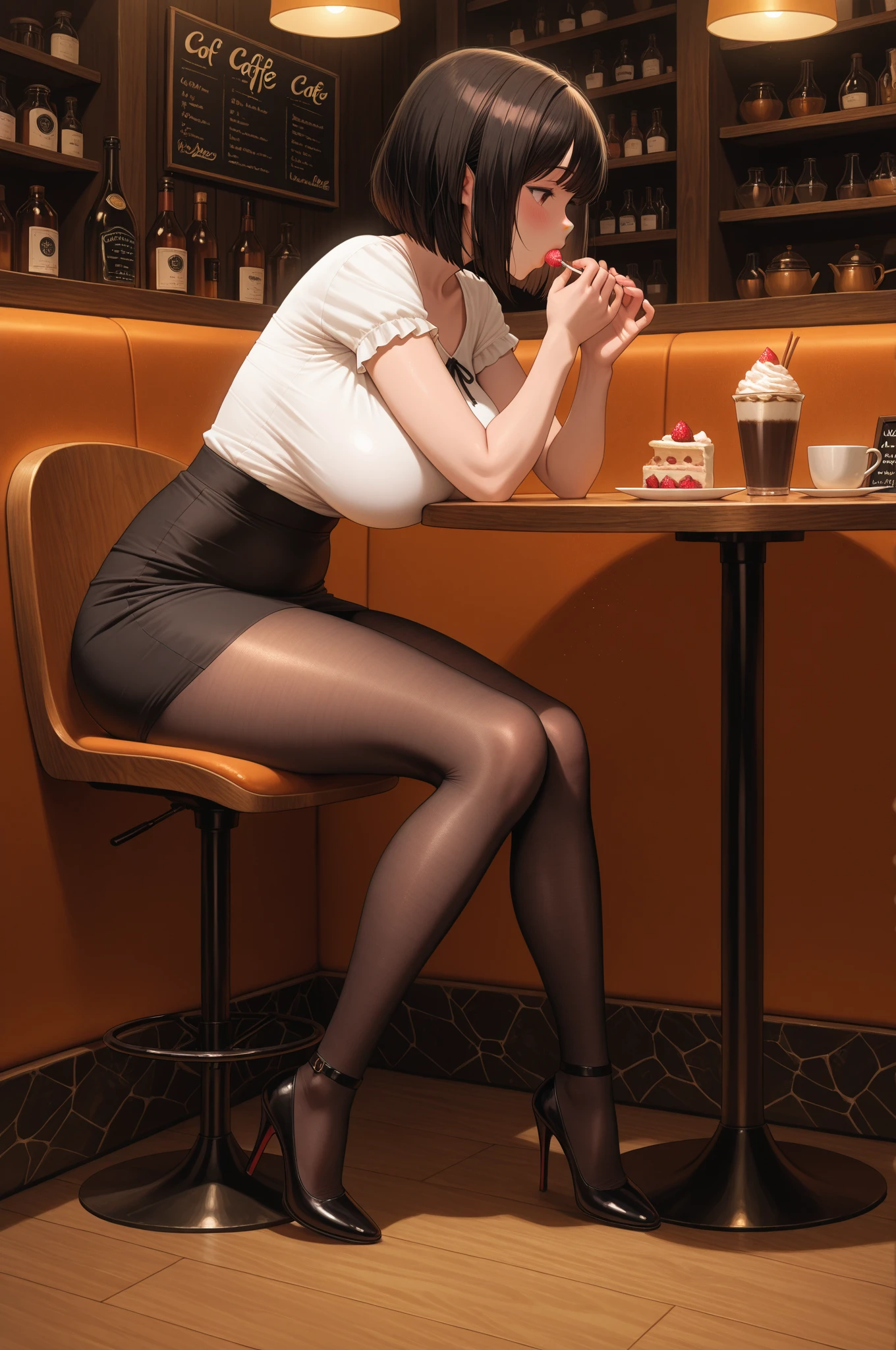 8k uhd, dslr,film grain, Fujifilm XT3,(best quality:1.3), (masterpiece:1.1), high resolution, cinematic light, intricate details, (photorealistic),outside,beautiful outside,sunny,
korean girl,(in cafe:1.5) , dimples, bobcut, looking at viewer, detailed trees, ribbons, bowties, bare shoulders, ribbed sweater,
pencil skirt, high-waist skirt, head rest, sitting, indoors,
necklace,black pantyhose, sheet transportation sweater, (smile),(full body:1.6),slender,