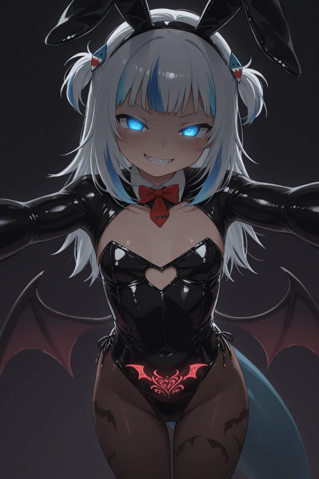 (((blue skin:1.2))),(wavelong hair),(light green color hair),(Black Sclera),((small breasts)),(nood),((slender adult)),((highest quality)), ((masterpiece)), (be familiar with), Perfect Face,facial,succubus woman,Demon woman,((demon horn)),((demon wing)),((demon tail)),crotch tattoo,smile,squat,(1boy),(penis),semen,Liquid is dripping