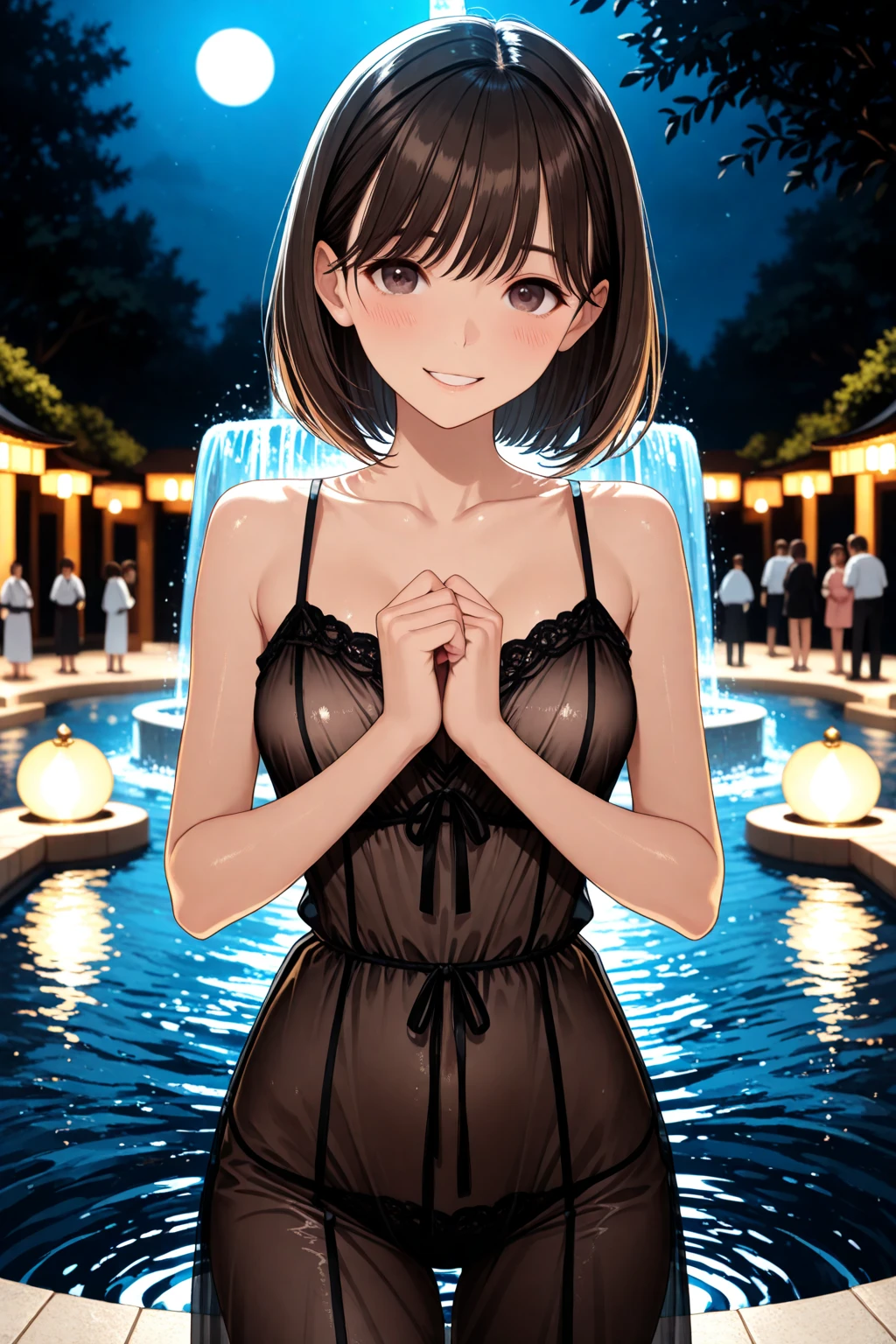 ((Highest quality, 8k, masterpiece :1.3)), One girl, 
Beautiful woman :1.3, (Dark brown hair, ponytail, Huge breasts :1.2), Wet body:1.2, Pool, Highly detailed face, Detailed eyes, double eyelid, Full body hip-raising pose , Above Knee Pose, Look forward , Various shot angles 