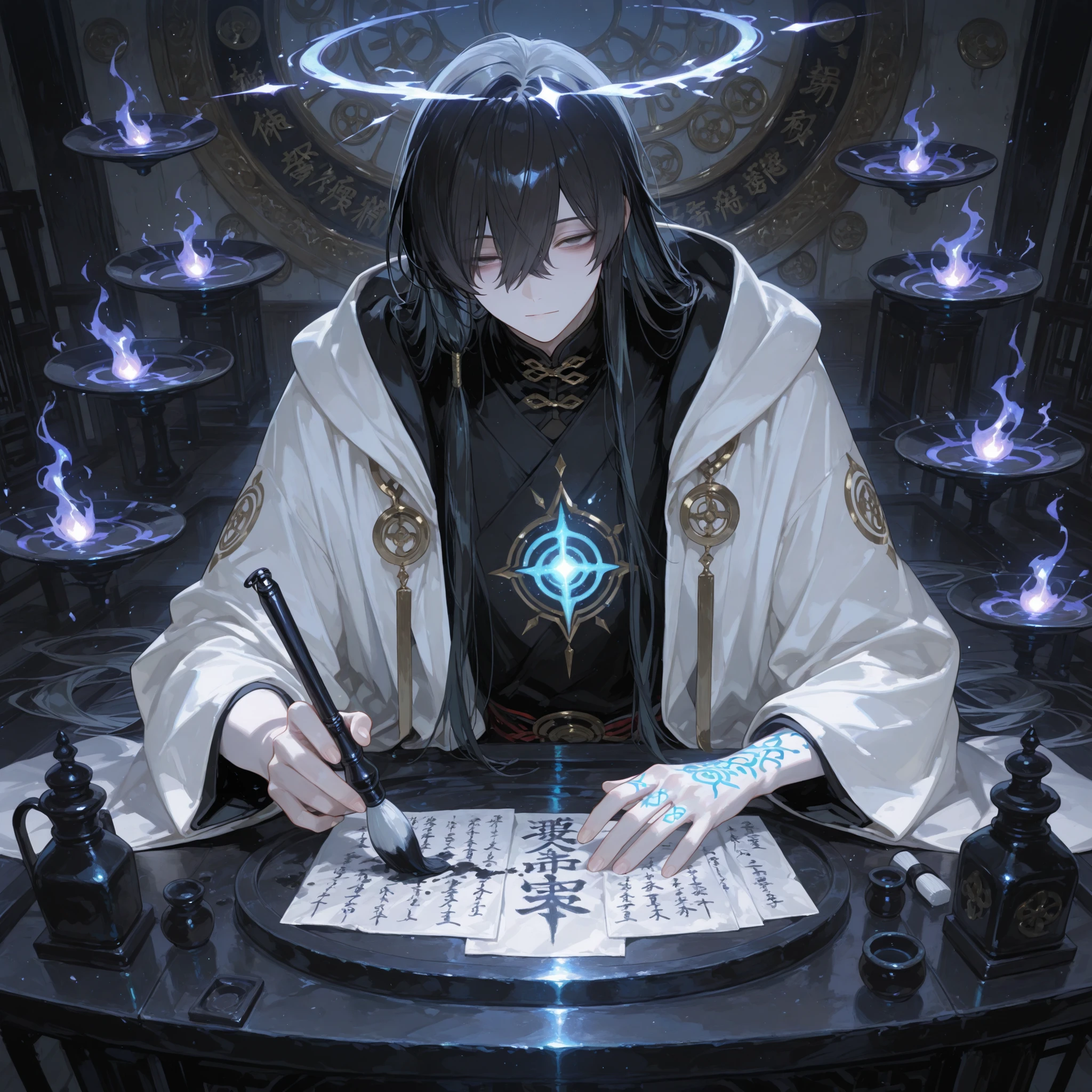 748cmstyle,1man, Blind celestial calligrapher, Long tied-up grey-black hair, Pale unseeing eyes, Wearing simple but elegant robes stained with ink, Holding an ink brush glowing faintly with celestial energy, Surrounded by floating scrolls and celestial kanji glowing mid-air, Seated at a low writing table in a starlit cliffside shrine, Japanese spiritual destiny style, Tranquil and timeless

