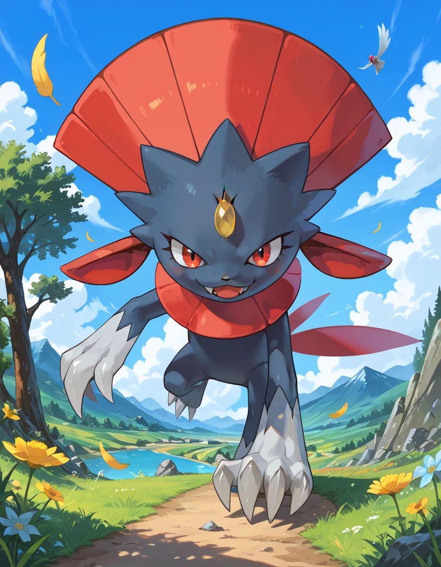 (masterpiece, best quality:1.2),solo,Weavile \(pokemon\),pokemon \(creature\),full body,no humans,bluish fur, orange gem, red eyes, smile,looking at viewer