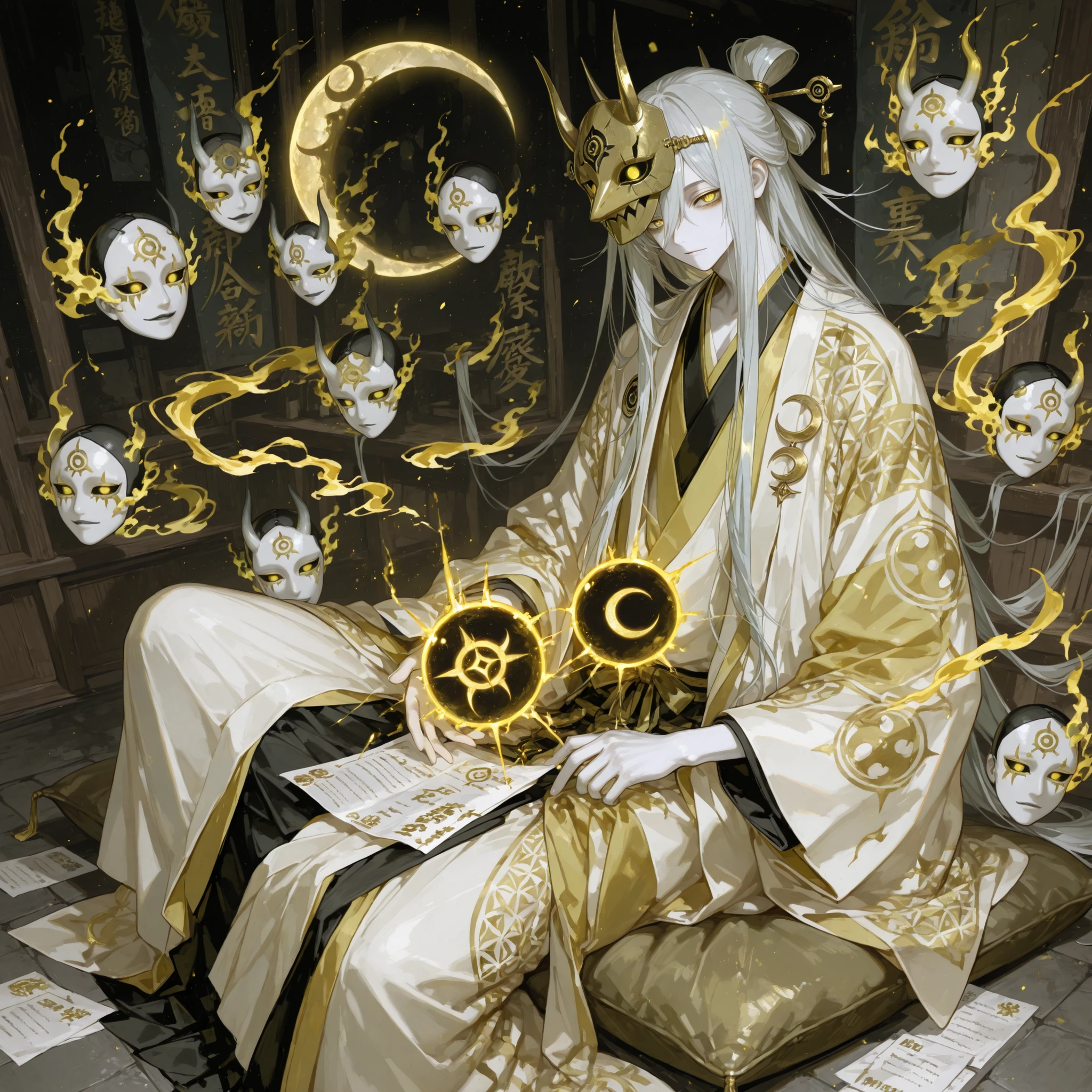 748cmstyle,1man, Eccentric maskmaker spirit, Long black and silver hair tied back, Pale skin, Golden-yellow eyes with crescent pupils, Wearing layered kimono robes with patchwork mask patterns, Surrounded by dozens of floating ornate masks, each with a glowing core, Sitting on a cushion in a shadowed workshop filled with paper charms, Japanese spirit artisan style, Playful but uncanny vibe