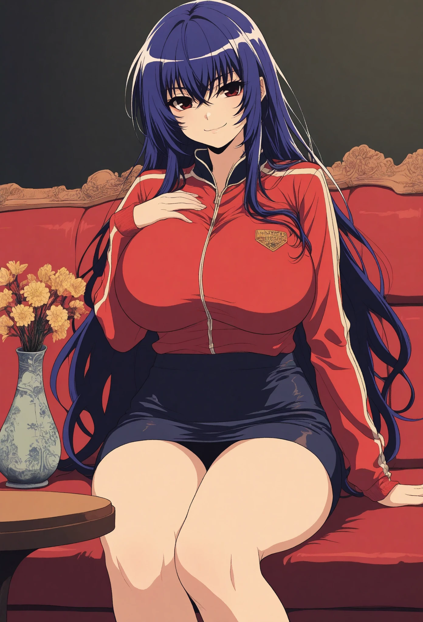 a woman wearing a long red shirt with Japanese lettering on the shirt, long black hair, red eyes, smiling, perfect hands, perfect arms, perfect legs, in a park.
