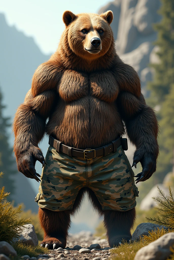 a grizzly bear, detailed realistic bear,bear wearing a plain white t-shirt, bear wearing blue cargo shorts, bear standing upright,bear in natural environment,highly detailed bear fur,realistic textures,photorealistic,detailed facial features,sharp focus,cinematic lighting,vibrant colors,award winning digital art