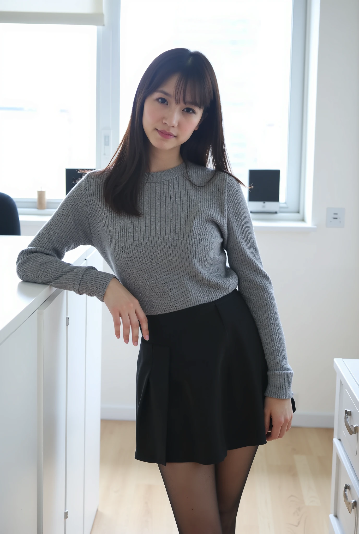 A woman standing in a room with office furniture, Big Windows. is wearing a gray long-sleeved shirt and a black skirt or shorts, Combined with sheer black stockings. 彼女のOutfitは黒いハイヒールの靴で補完されています赤い靴底, to a neon night gym or. The room is brightly lit, in natural light coming in from、machine. in an office environment、青いクッション付きの椅子と複数の引き出しが付いたmachineがあります, suggests a professional vibe. The floor looks like light wood or laminate. whole, The image consists of、suggests a fusion of professionalism and elegance, 。light and polished surfaces create subtle reflections、to enhance the atmosphere. setting, Outfit, leaning slightly forward、The posture shows a casual yet relaxed attitude.