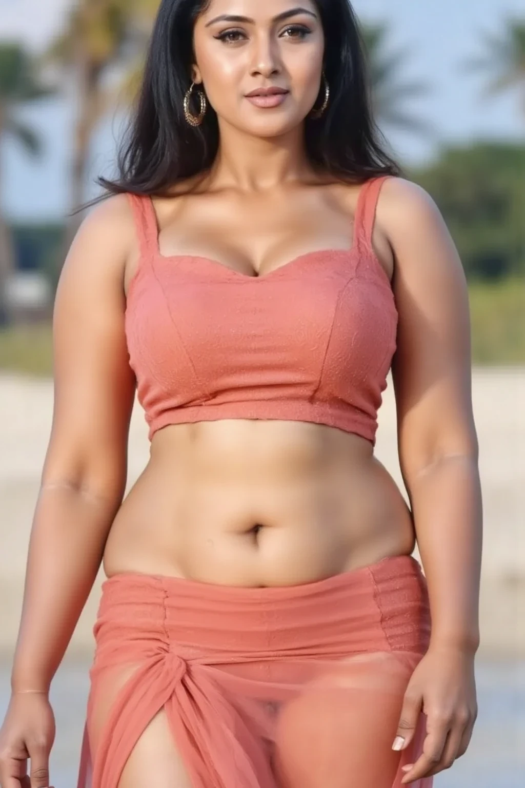 Vogue style side view photo shoot of malay 20years old young woman ((doing hand bra, bringing her chest together)), with pastel colored background in Wes Anderson style, detail skin texture, detailed face, saggy breast, dark , camel toe, heavy big breast, big round ass, wide hips, thick thighs, beer belly, curvy, view from side, hyper - realistic photography, Wes Anderson style, full body, 8k, close - up shot, extreme close - up photo, ((looking at viewer)), shiny wavy black hair