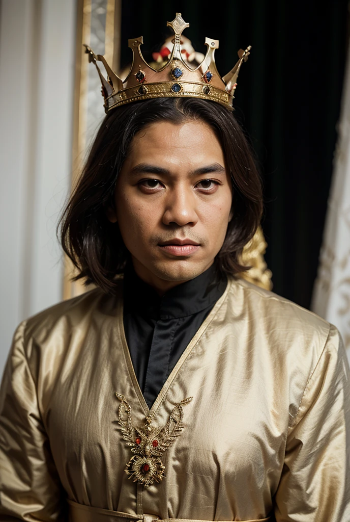 Viktor Tsoi wearing a crown sits on a throne