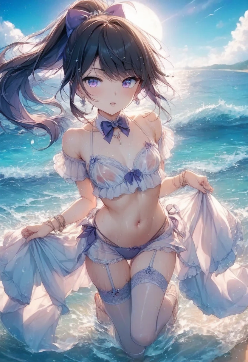  actor、ちいさなスーパーIdol、shy person、Tan Skin、(10歳のgirl)、(Beachで泳いだり)、(School Uniform)、(Sheer uniform)、(Laughing)、((Highest quality、8k、masterpiece:1.3))、girl、White Dress:1.1、Cute girl、Primary school students、Young Girl、(Flat Chest)、(Small breasts)、（（（Ａcup）））、bust７５centimeter、Idol、Droopy eyes、yellow、Small and delicate body、Slender、Super detailed face、(Big eyes:1.2)、Make your eyes clearer、double eyelid、Ultra-high resolution,、Wide forehead、No makeup、Realistic eye and facial details, Perfect teeth alignment、Perfect eyes and a perfect mouth、スクールSwimwear、Bloomers、1girl、Gravure pose、ponytail、Charm、髪をかき上げながら笑顔でWink、Beach、mini skirt、gold、Beautiful Supermodel, Dark Eyes、Wink、Swimwear、bikini、slender、(Ａcup)、Fairy、ballerina、Shiny satin fabric、Pool Party、Perfect Face、Perfect Eyes、Narrow waist、ribbon、beautiful girl、（Short Hair）、ribbonの髪飾り、Garter Ring、マイクロbikini、(masterpiece), Beautiful Face, 、 Beautiful Eyes, Black Hair, very cute, 8 Life-size,8k resolution, elegant, Approaching perfection, A stunningly beautiful 10-year-old girl(1girl:1.1), Ultra-high resolution, Best Quality, Small round face, Big eyes, Highly detailed face and eyes, Slenderの, Thin thighs, Make your legs thinner,