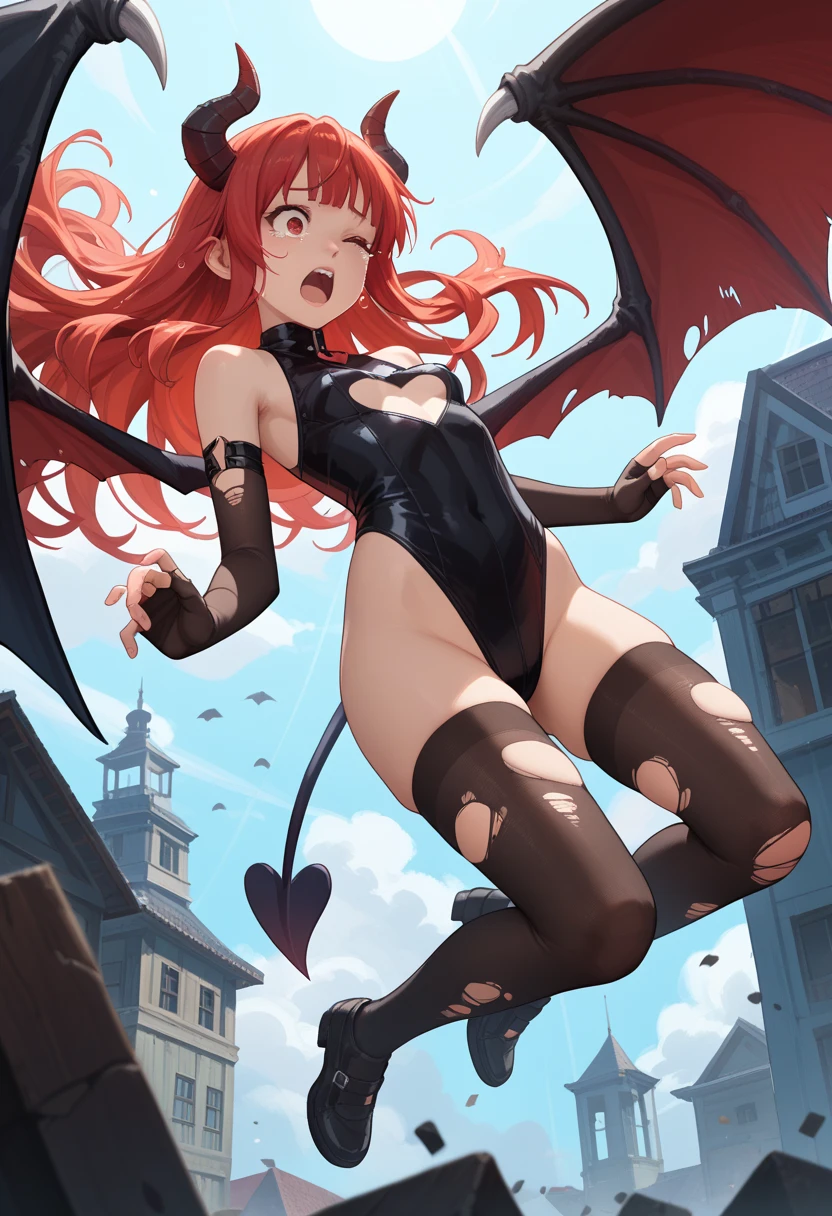 giant girl 50,00000 feet high, Possessing a pair of huge demon wings,Have waist-length hair,hair scattered,Wear a pair of red high heels,red curly hair,A look of enjoyment,Standing upright in a small city,side angle