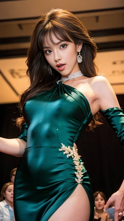 ((RAW photograph, Realistic photo, Best quality, 8K, Masterpiece: 1.3)), (raw photo:1.2), Hyperrealist portrait gorgeous Beautiful Chinese girl, young girl, pretty body, (beautiful breasts: 1.2), very detailed eyes and face, (lustfully naughty face, crimson red lip, heavy makeup: 1.3, blushing), beautiful detailed eyes, seductive sharp eyes, (charming smile: 1.2), smooth white skin, photo realistic, very detailed faces, ((wearing luxury green chiffon sequin minidress), (luxury jewelry, necklace, bracelet, ring)), (long legs: 1.2, beautiful long nails), loose curls hairstyle, ((Cinematic standing pose)), (fireworks midnight luxury restaurant city view background)