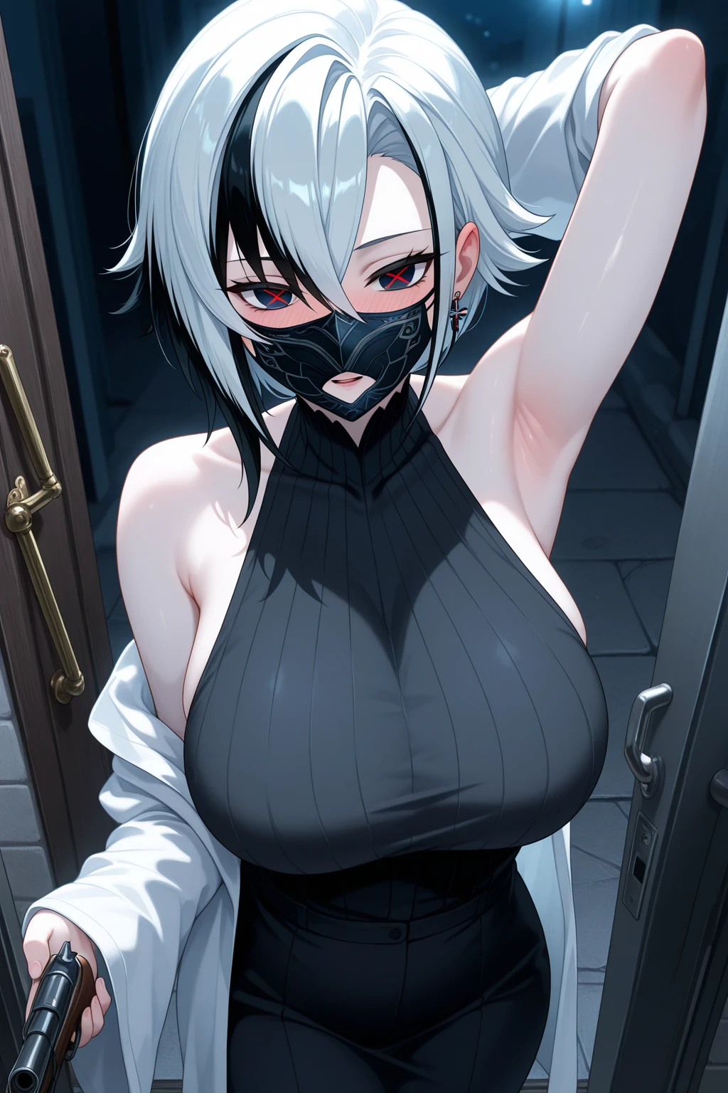 anime girl, 1girl, adult female, silver hair, geisha hairstyle ，big breasts, busty, samurai mask,face mask，ninja girl， tight swimsuit，long coat，cyberpunk