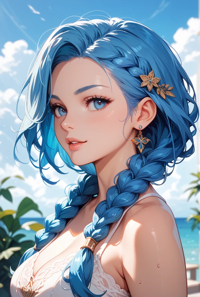 (masterpiece:1.4),(Highest quality:1.4),超High resolution,High resolution,8k resolution, ONE PIECE, (US, White skin, Slim body:1.4), (Detailed facial expressions:1.4), Glowing Skin, (Blue and white striped bikini:1.2), Big earrings, tattoo