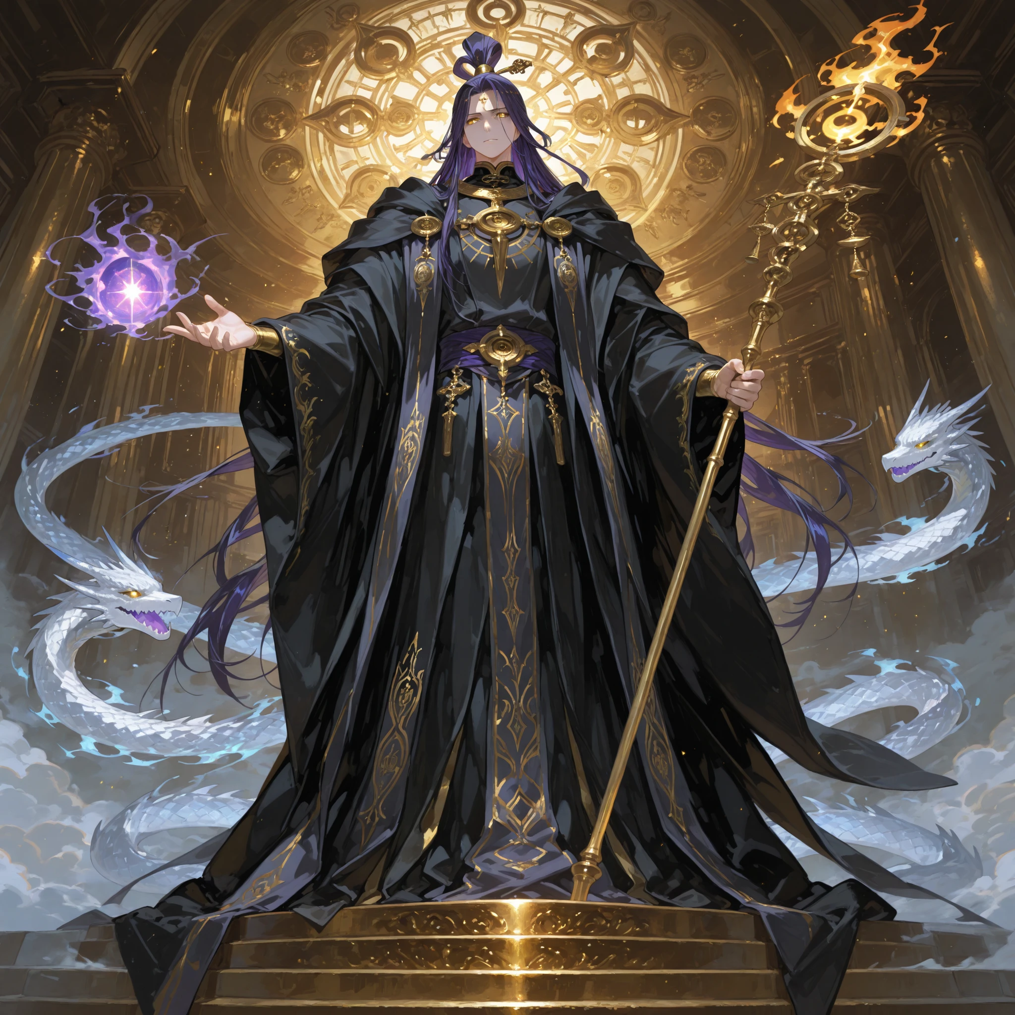 748cmstyle,1man, Stern divine judge, Long dark indigo hair tied in a high knot, Intense golden eyes, Wearing deep blue court robes with silver scales and flame embroidery, Holding a long staff shaped like a balance scale, Surrounded by spectral law scrolls and spirit sigils, Standing on a divine courtroom platform in the clouds, Severe but noble expression, Dramatic lighting, Japanese celestial tribunal style