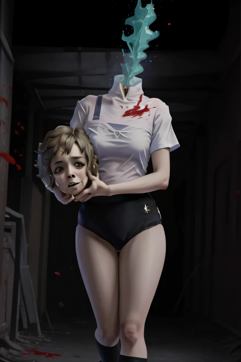 (masterpiece, official art), dullahan, 1girl, solo, wearing a black gymnastics bloomers,high leg,self wedgie,white blouse,anxious look,fear,crying,vomiting blood