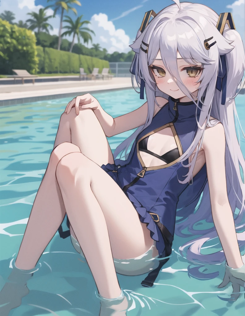 Image of a girl with a hot body, 17 years old, facing the camera, yellow panties, white hair, 4k resolution, she has long legs, spread to the sides, very sexy pose, white skin, anime girl, lots of water, sweat, erotic scene ,Extremely sexy, Create a very detailed girl