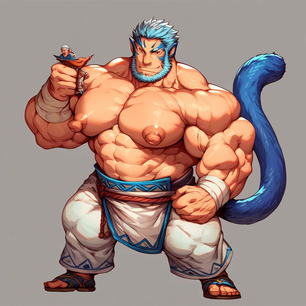 A burly, virile, and hairy dragon, exuding the irresistible charm of a himbo muscle daddy. His middle-aged features, adorned by a long, bushy beard and a thick mustache, reveal a life of experience and adventure. His body, sculpted into a warrior's build and a bodybuilder's physique, is a testament to his unyielding dedication to physical fitness. The hair on his chest and belly forms a carpet of thick fur, while his hairy arms and legs are adorned with a natural, untamed layer of hirsute. Every muscle on his overmuscular and musclebound frame is defined and bulging, veins pulsing beneath the surface, hinting at his incredible strength. Despite his advanced age, his grey hair only adds to his handsome and dreamy appearance.
