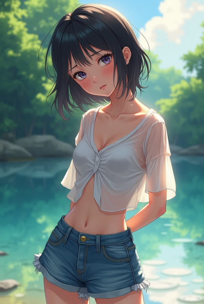 15 year old beautiful girl、、well-groomed face、beautiful、cute、brown hair(See-through mash short hair、straight hair)、brown eyes(hanging eyes、big)、small breasts(puffy nipple)、Pelvic widening、big ass、Tank top、Micro Denim Shortan muscle、sandals、Sunburn mark、countryside、high resolution、