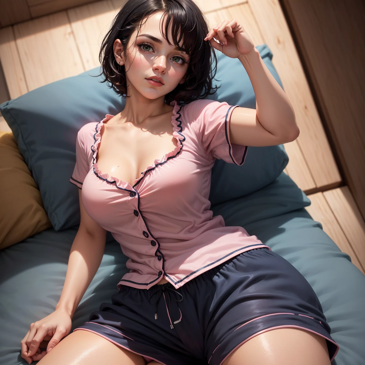 tall caucasian woman; 23 years old; short black hair; blue eyes; pale Caucasian skin; hourglass shape; very large breasts; Disney-style, CGI; best quality; high definition; trending on artstation; complex volumetric lighting; Laying on a bed at night, low incandescent lighting; shadows; tight pink flannel pyjama top and pink flannel pyjama pants; tomboy; being fucked in the bedroom; orgasm expression; cumming hard; blushing a lot