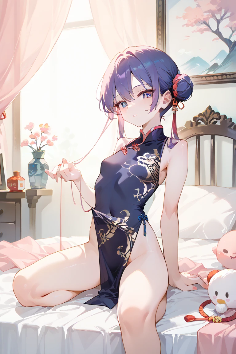 wariza，Curtsey，child，（​masterpiece，Highest Quality），(Traditional costumes)，Sleepy face，Round eyes，A dark-haired，Semi-long bob，bare-legged,(((NSFW)))