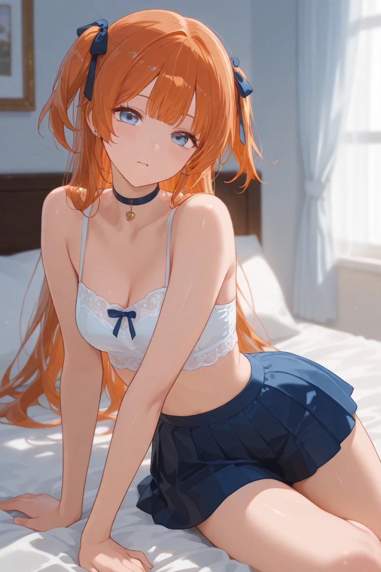 (*****, top-quality, 8K, masterpiece, Top image quality, Hi-Res, super detailing, Ultra HD, (Delicate and smooth skin, real looking skin, Perfect and beautiful face ,Perfect and cute face, high detail skin, Perfect limbs)), 1girl , no bra, braid covering nipple , down blouse, cleavage, sweating, camisole falling off shoulder, animal ear fluff , animal ears , blue eyes , blushing , collarbone , cowboy shot , hair between eyes , long hair , looking at viewer , medium breasts , open mouth , orange hair , single braid , solo , simple white background , white camisole , on all fours, leaning forward, mari (blue archive)