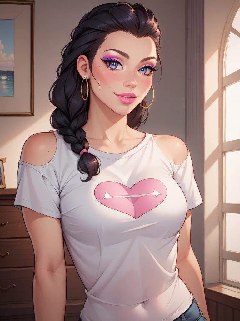 tall woman with a toned and athletic build; straight dark brown hair worn loose; green eyes; fair skin with a light scattering of freckles across the nose and cheeks; defined cheekbones and a straight nose; somewhat huge breasts; girl-next-door look; soft and cute features); in a dimly lit lounge room at night on the couch; best quality; trending on artstation; dark room with complex volumetric lighting; strong shadows; artistic lighting; dynamic; energetic vibe; realistic skin; specular highlights; micro-textures; highly detailed hair; wearing an oversized graphic t-shirt, no panties; incandescent lighting; heavy blush.