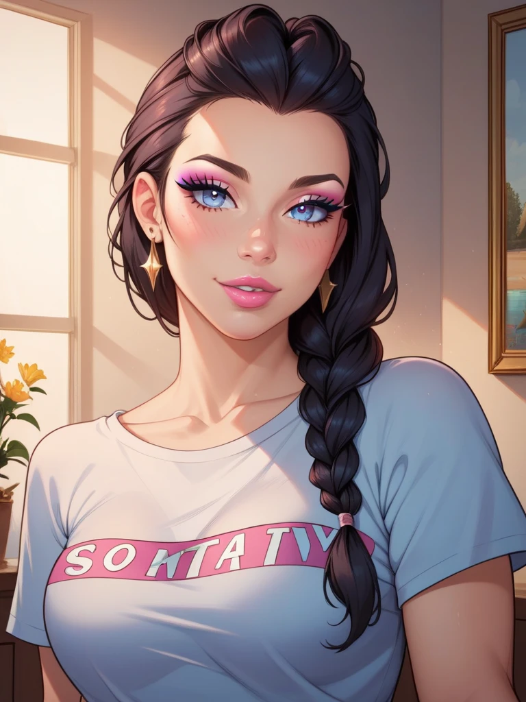 cmodel, digital illustration, (masterpiece:1.2), high quality, detailed eyes, extremely beautiful young female, short hair, streetwear, thicc, (abs:1.2), (bloom:1.2)
