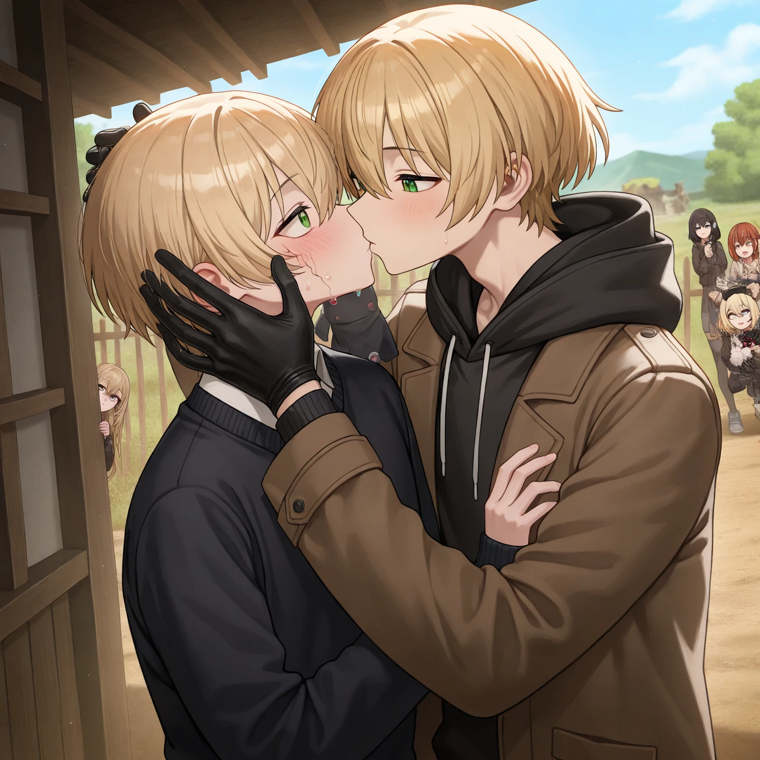 score_9, score_8_up, score_7_up, score_6_up, source_anime, BREAK by ikuchan kaoru, iku, clean color, flat color, 2boys, 1girl, cooperative fellatio, hellsing seras, ben Tennyson, ben Tennyson and hellsing seras, gay, gigantic penis, enormous penis, outdoors, in Forest